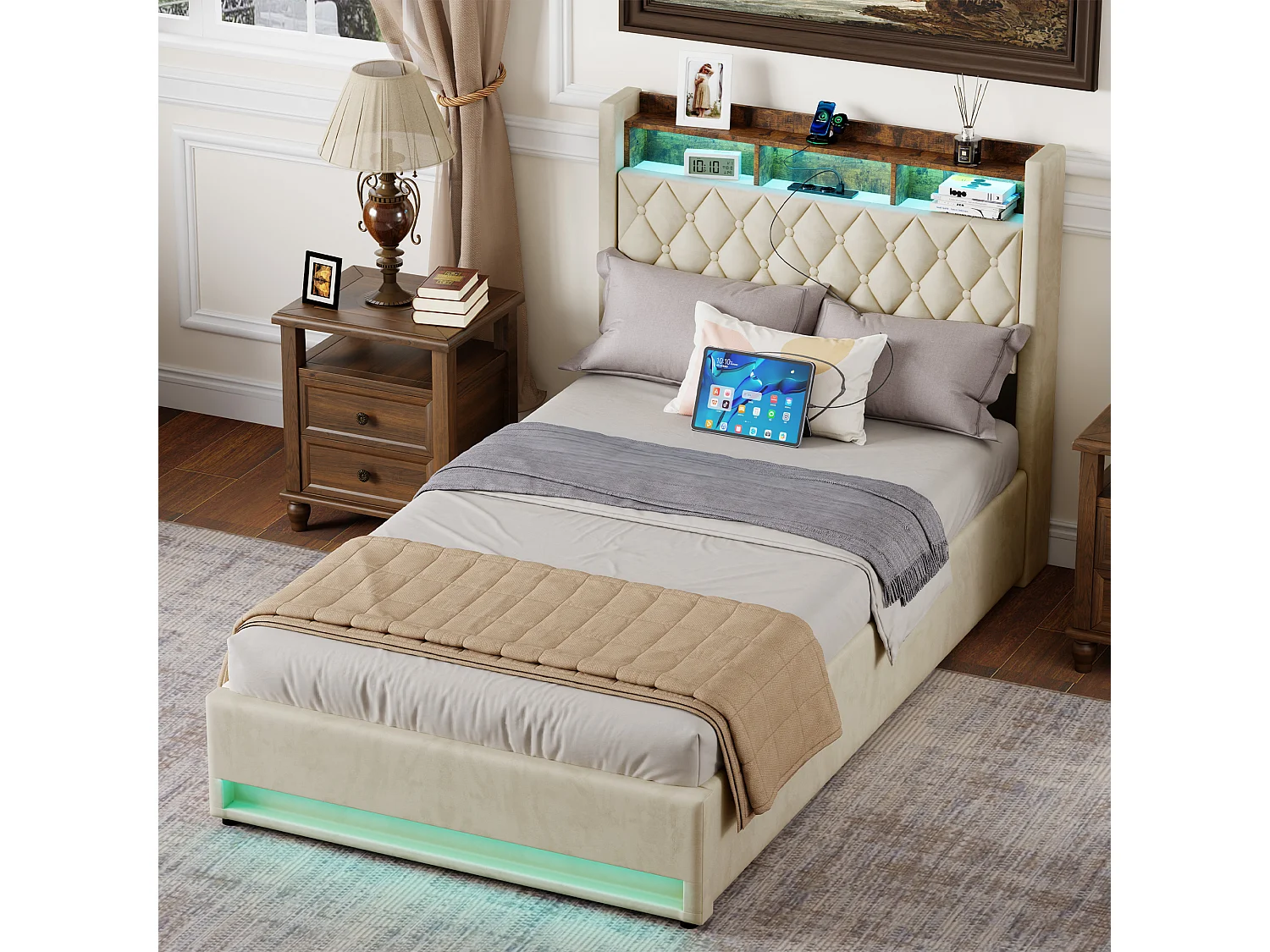 Lit coffre 140x200cm en velours hollandais - Lit adulte avec prise et LED - Beige