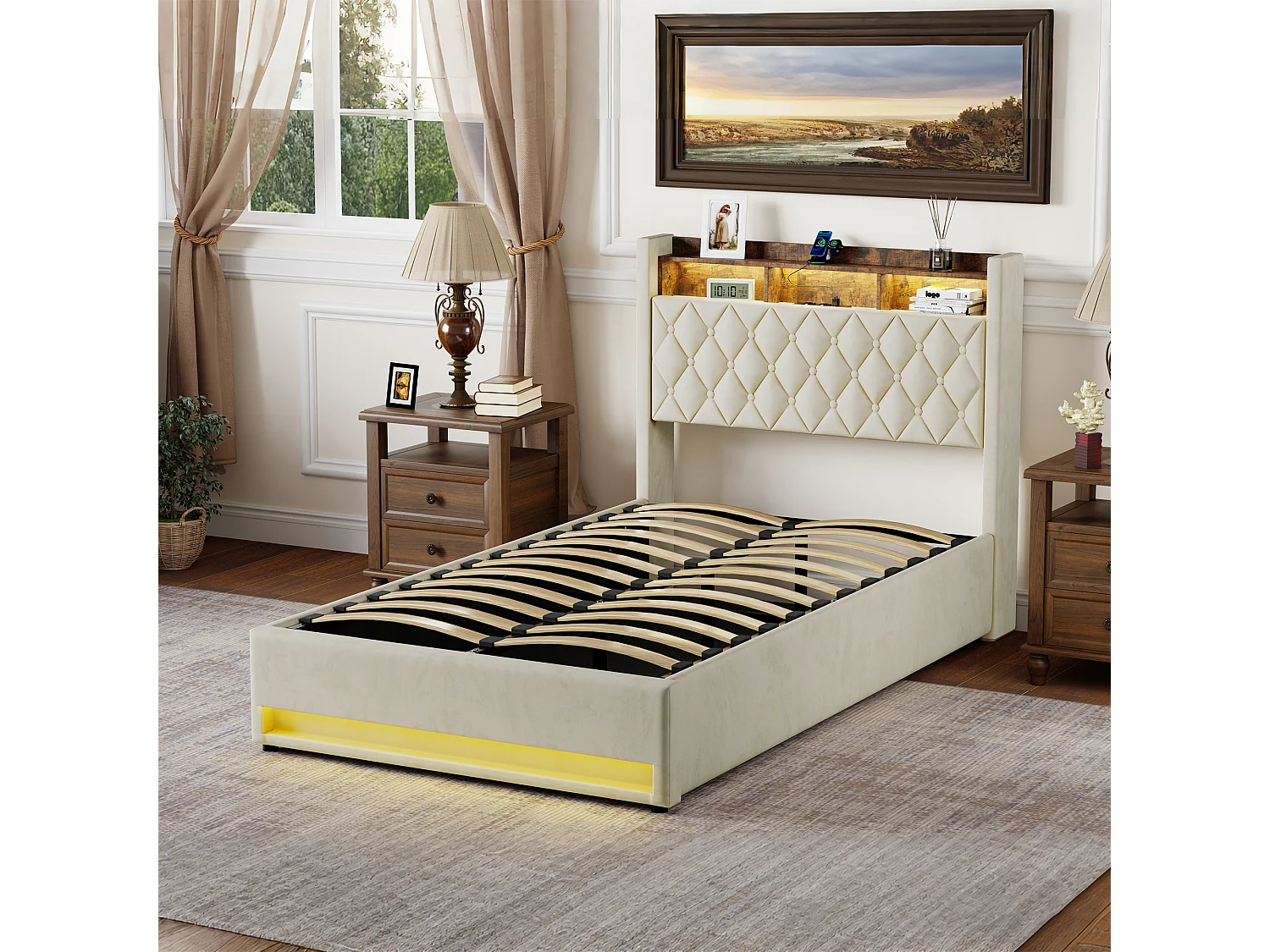 Lit coffre 140x200cm en velours hollandais - Lit adulte avec prise et LED - Beige