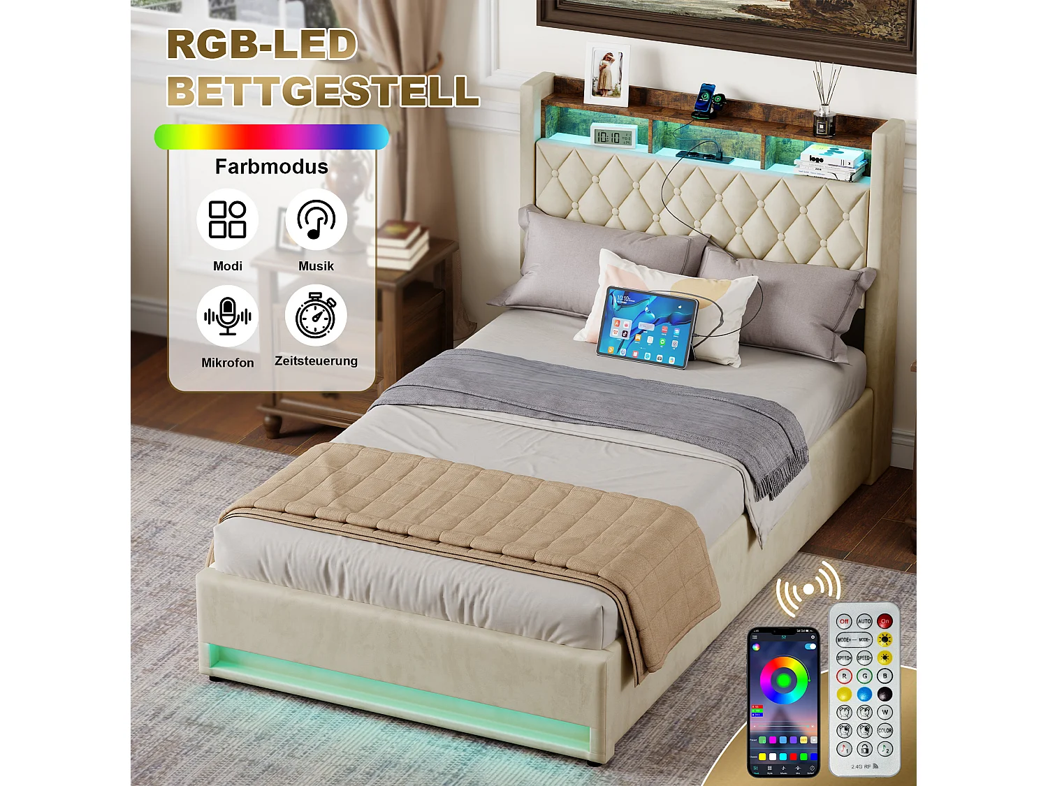 Lit coffre 140x200cm en velours hollandais - Lit adulte avec prise et LED - Beige