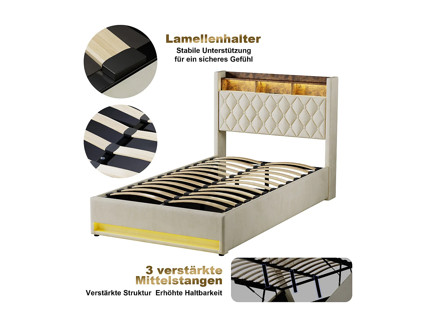 Lit coffre 140x200cm en velours hollandais - Lit adulte avec prise et LED - Beige