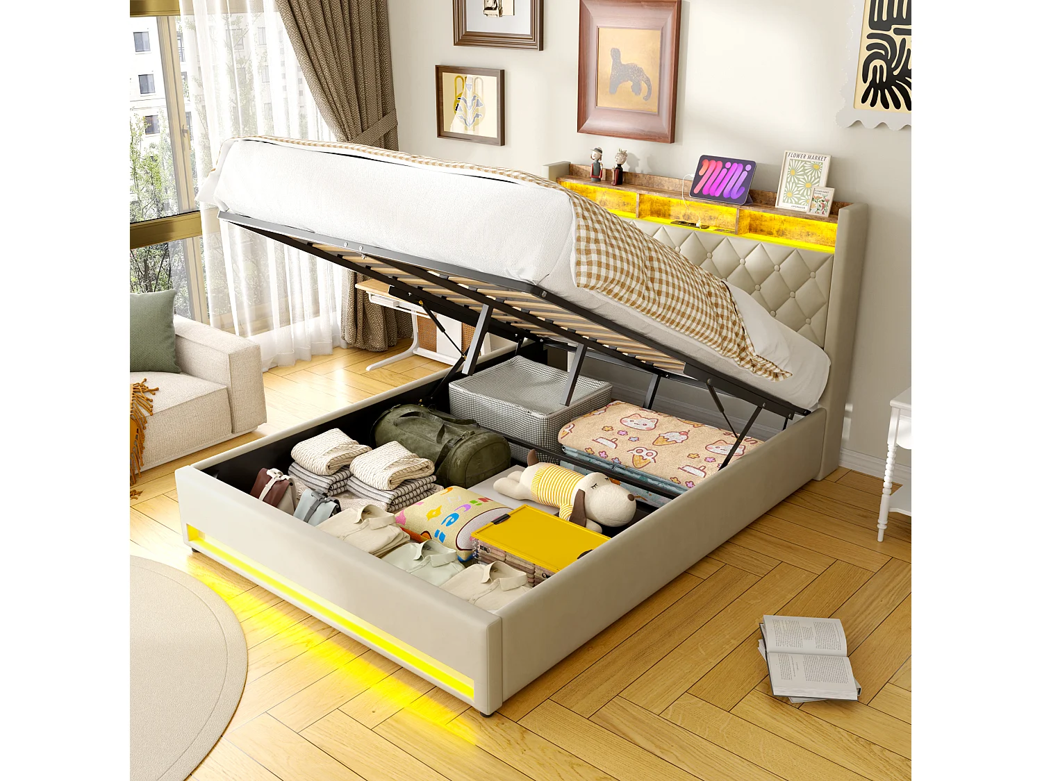 Lit coffre 160x200cm en velours hollandais - Lit double adulte avec prise et LED - Beige