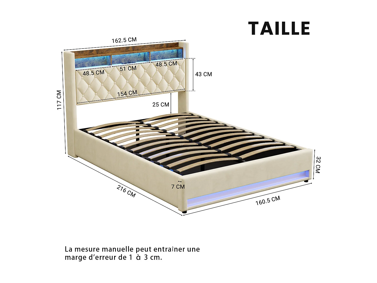 Lit coffre 160x200cm en velours hollandais - Lit double adulte avec prise et LED - Beige