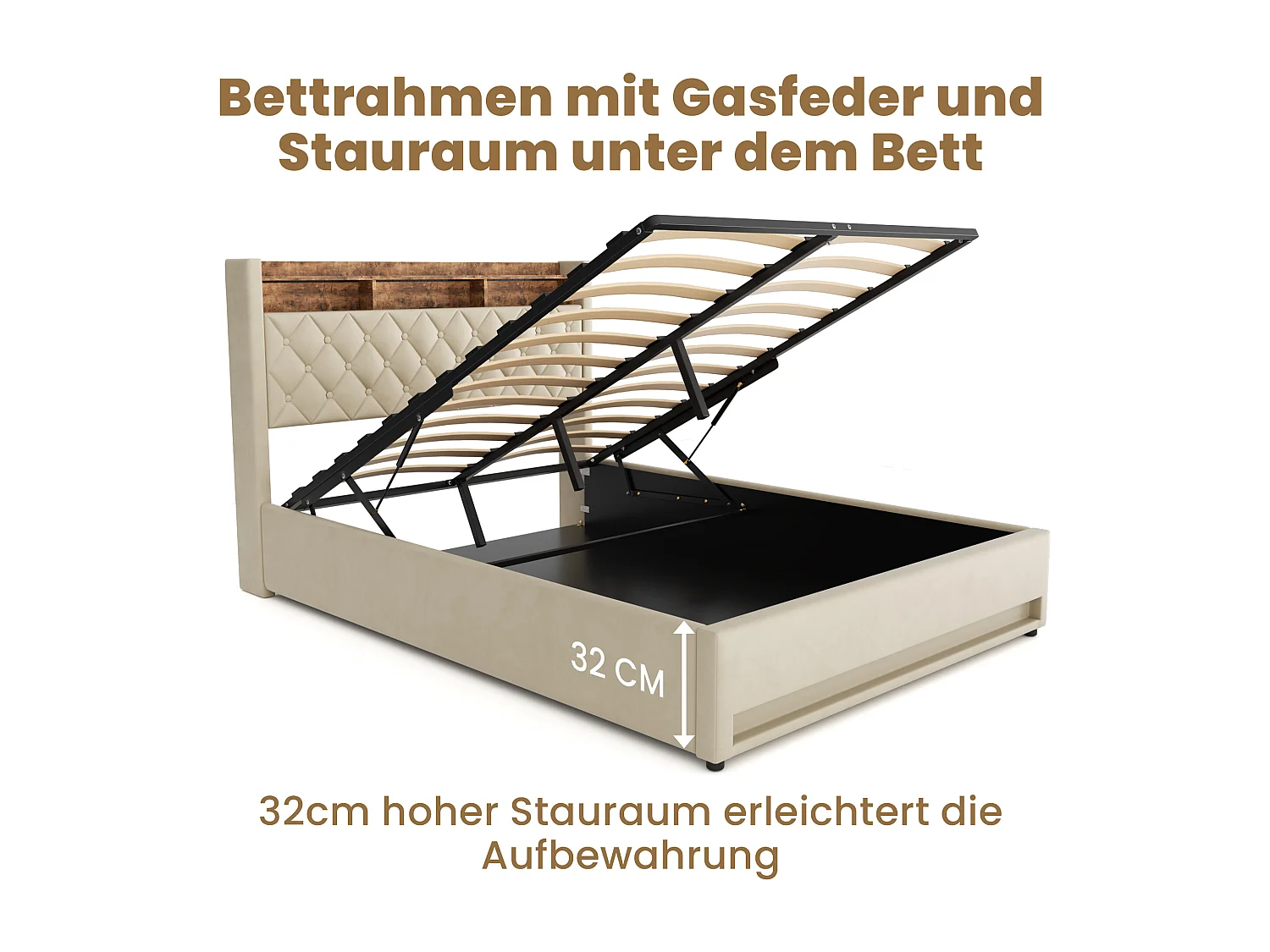 Lit coffre 160x200cm en velours hollandais - Lit double adulte avec prise et LED - Beige