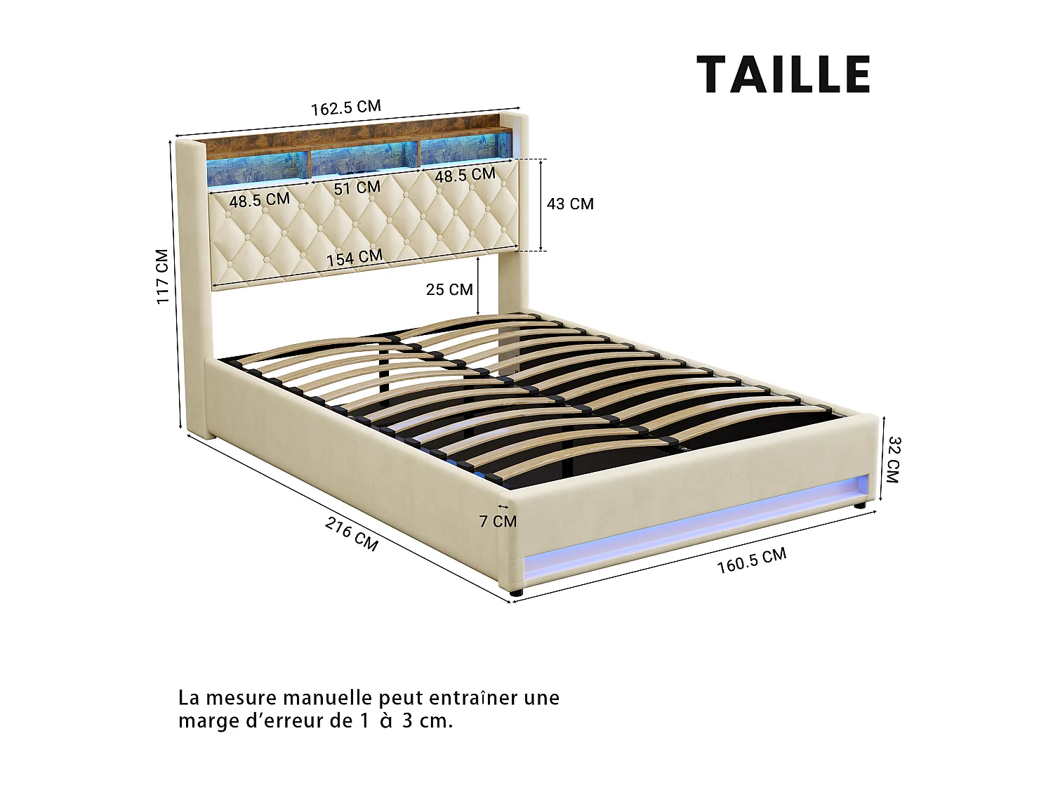Lit coffre 160x200cm en velours hollandais - Lit double adulte avec prise et LED - Beige