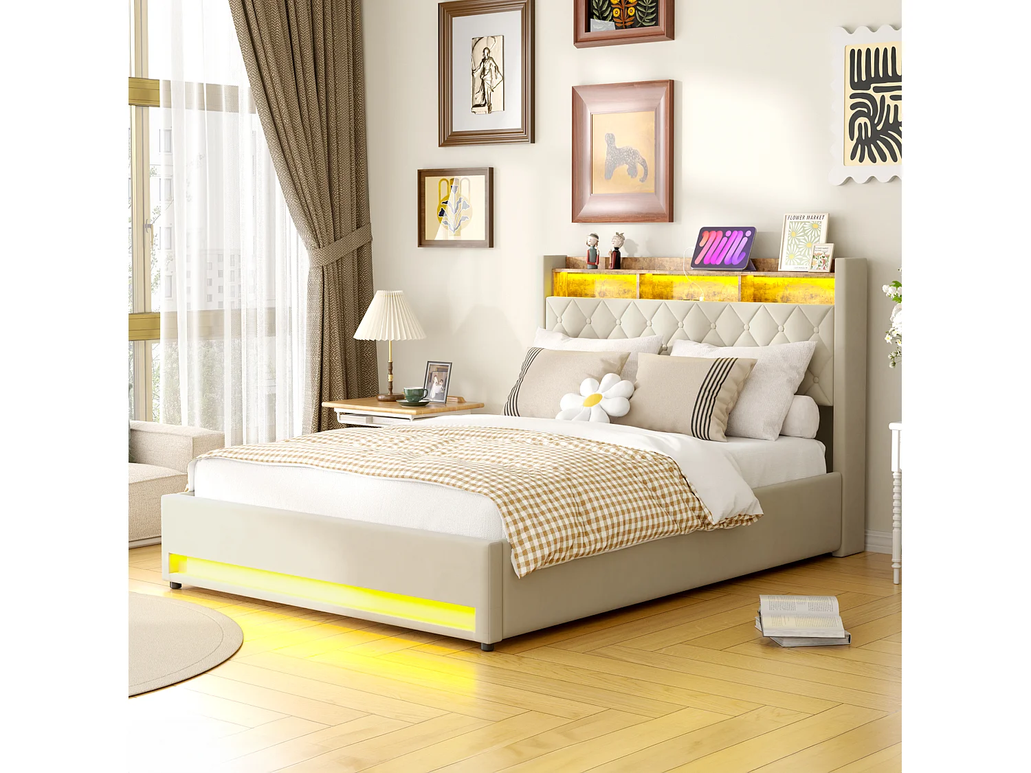 Lit coffre 160x200cm en velours hollandais - Lit double adulte avec prise et LED - Beige