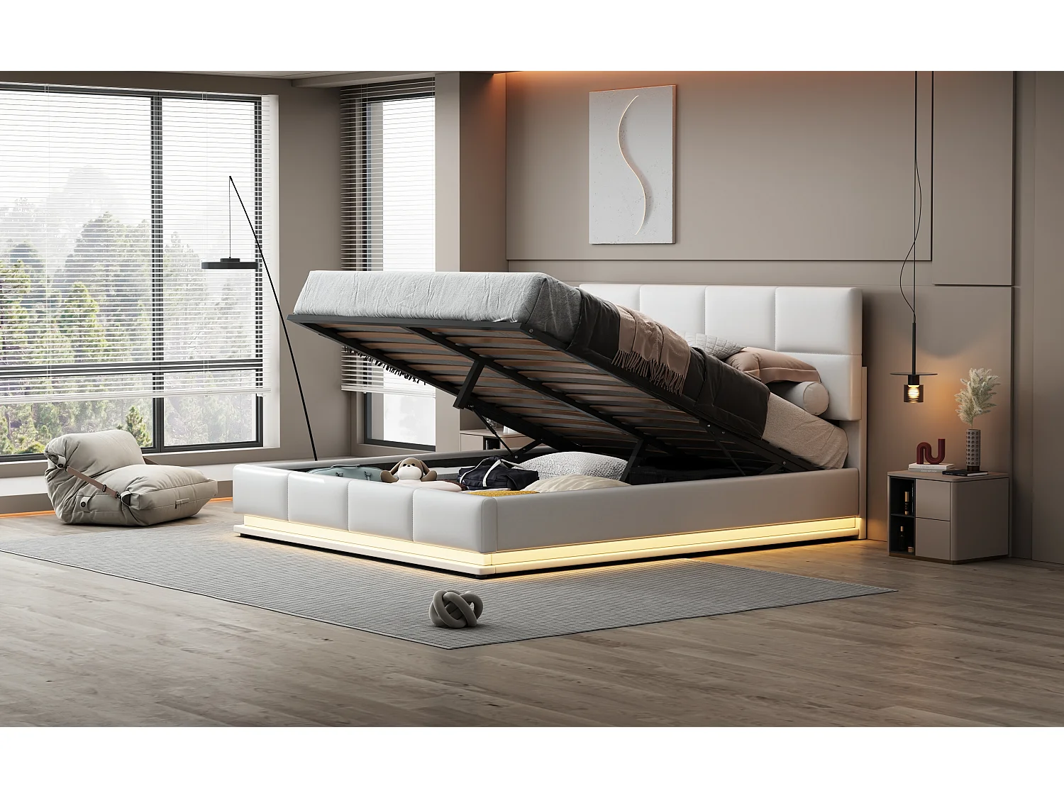 Lit coffre double adulte 180x200cm avec LED - Tête de lit réglable - Simili cuir PU blanc