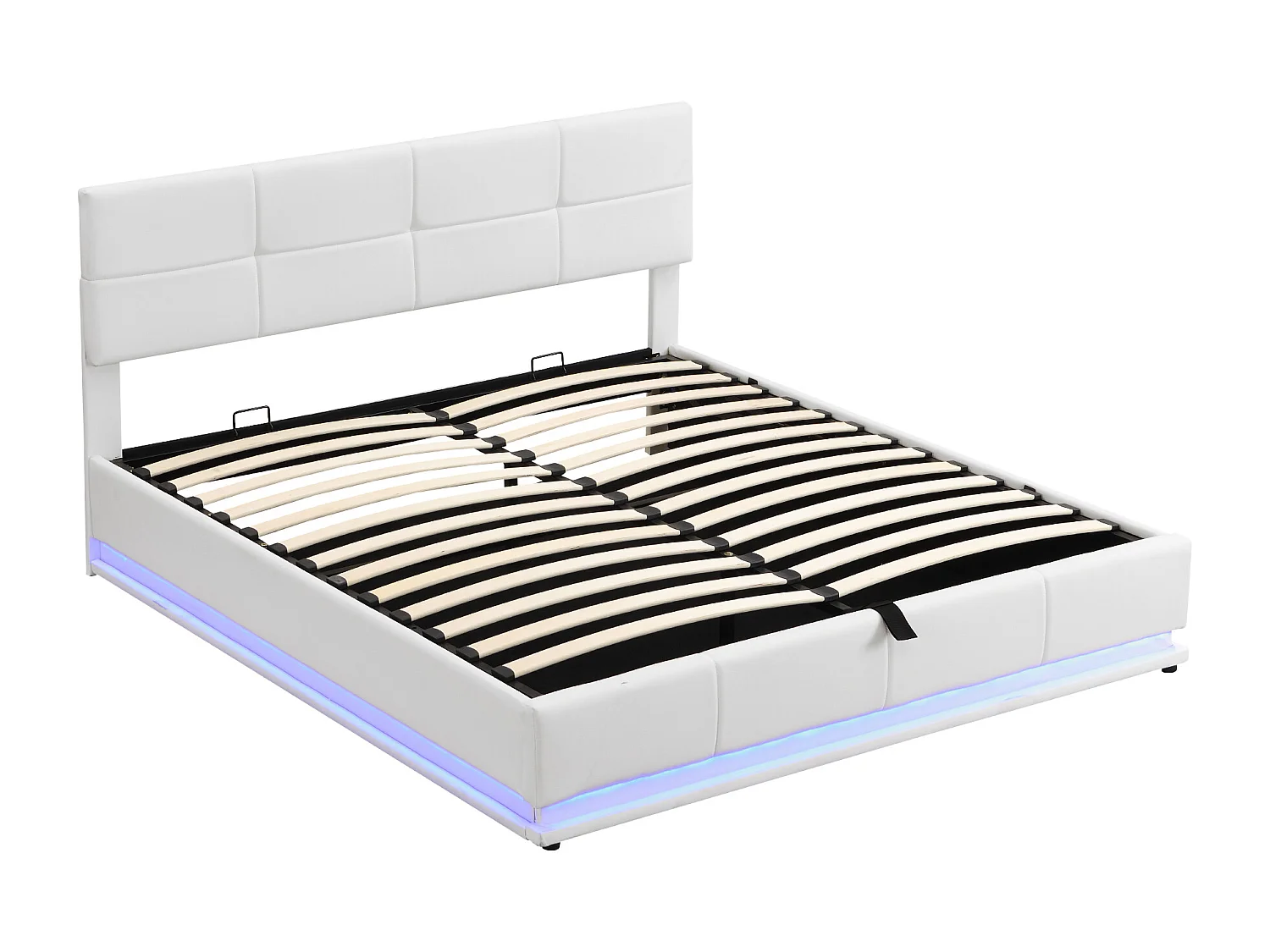 Lit coffre double adulte 180x200cm avec LED - Tête de lit réglable - Simili cuir PU blanc
