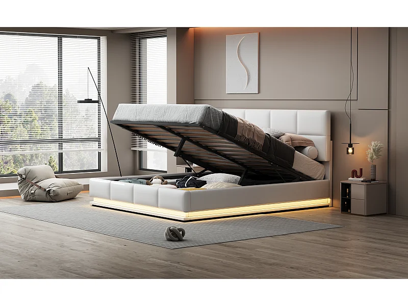 Lit coffre double adulte 180x200cm avec LED - Tête de lit réglable - Simili cuir PU blanc