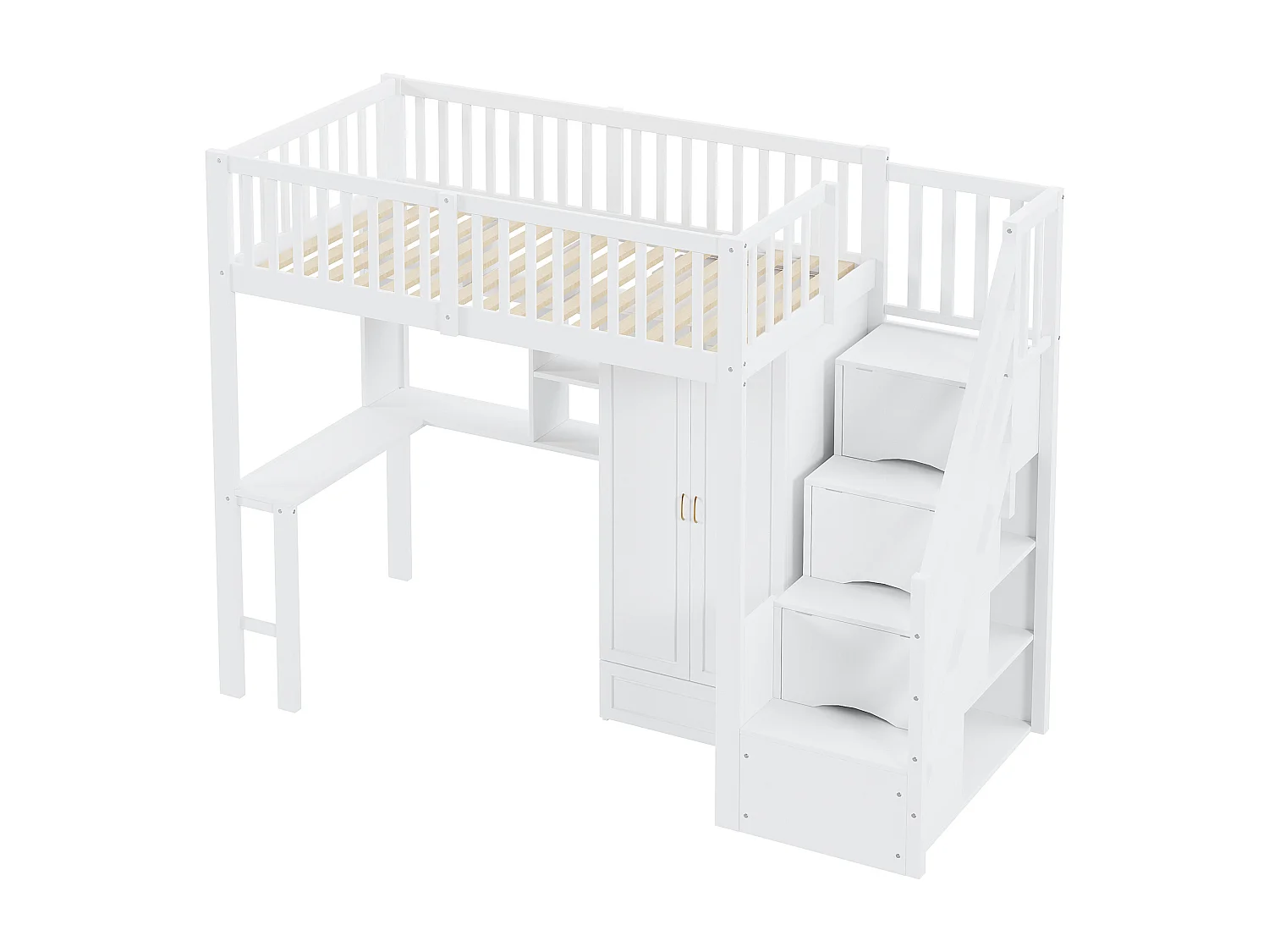 Hoogslaper 90 x 200 cm met kledingkast, bureau en opbergtrap - Wit