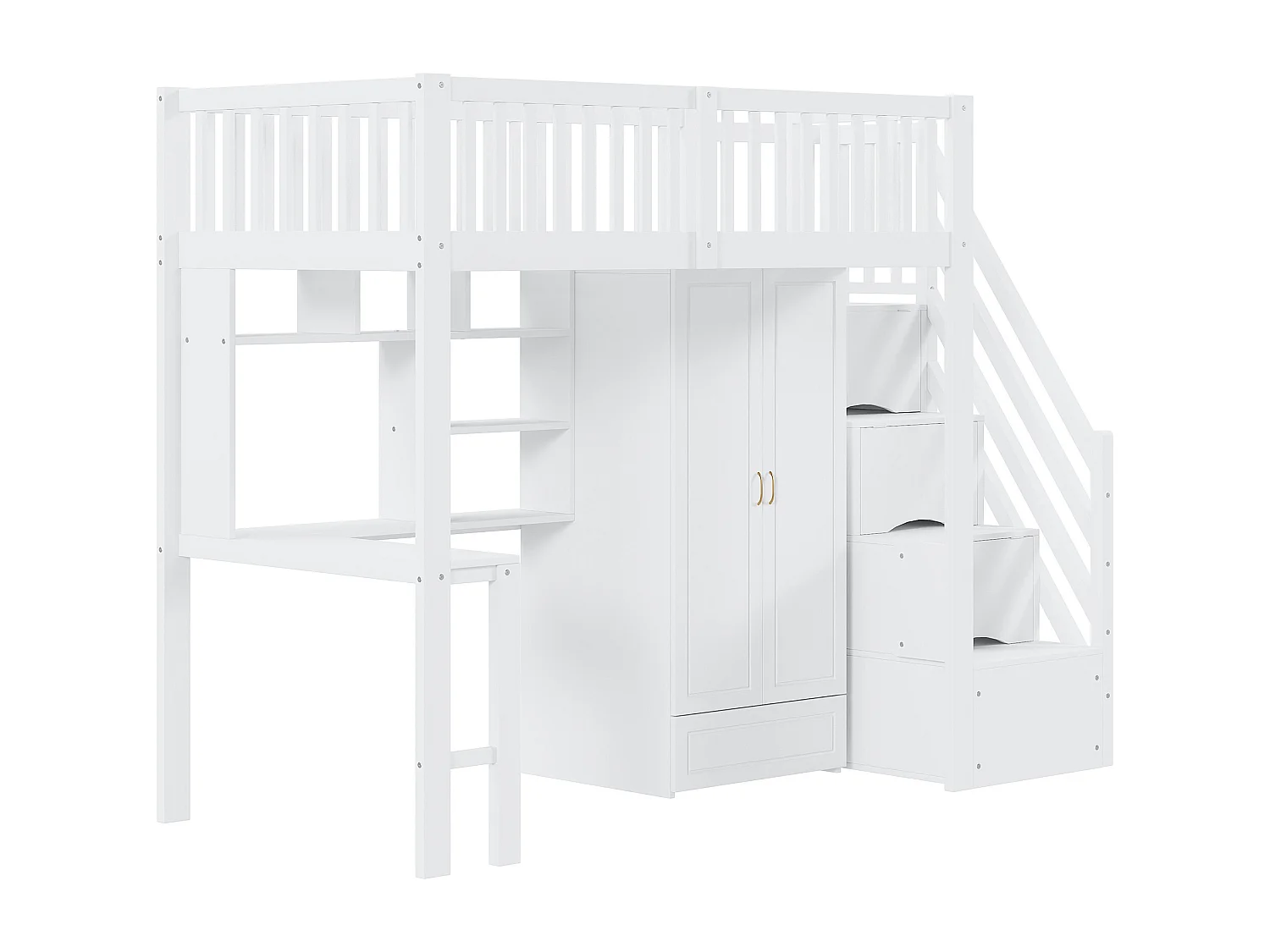 Hoogslaper 90 x 200 cm met kledingkast, bureau en opbergtrap - Wit