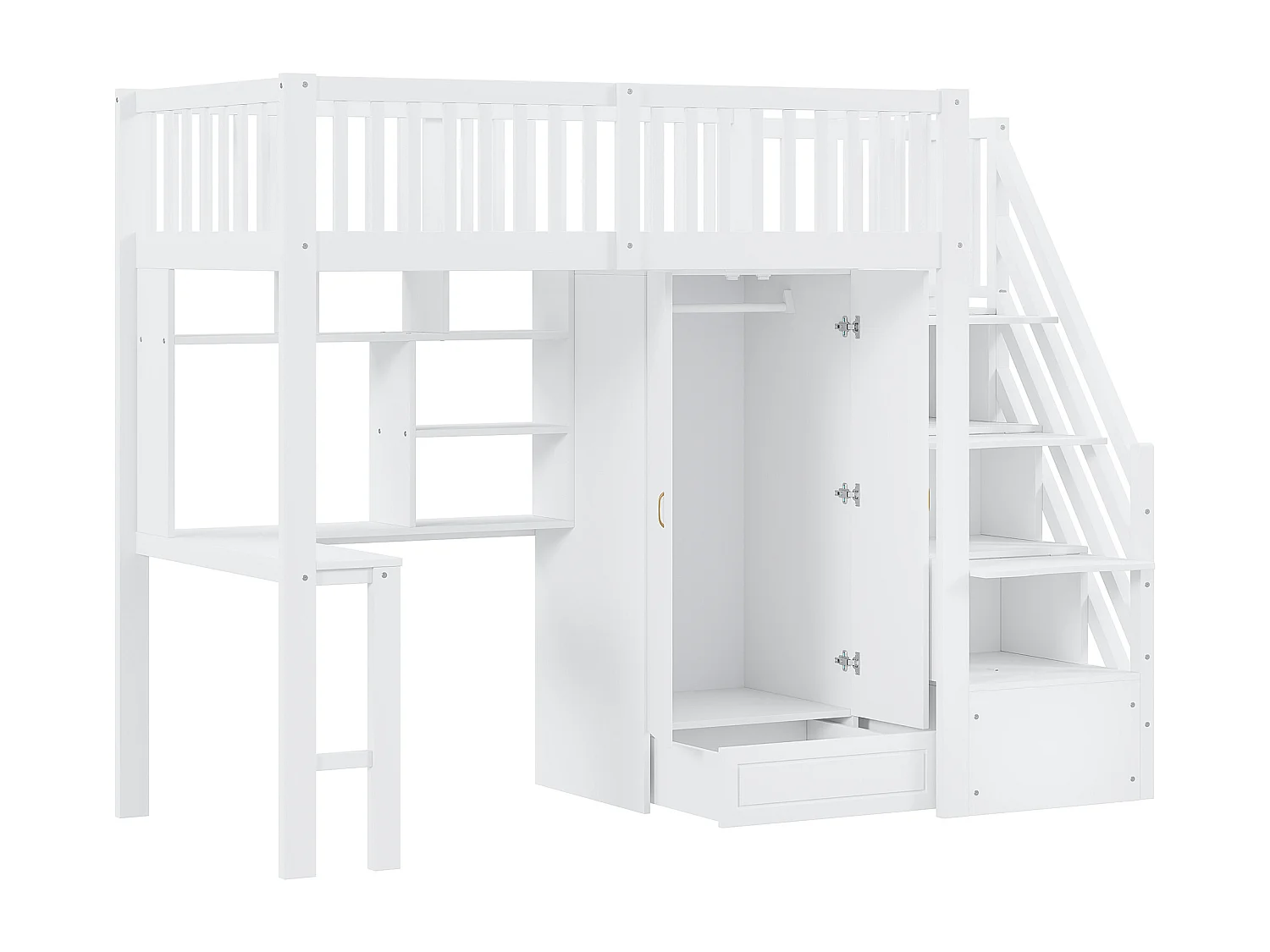 Hoogslaper 90 x 200 cm met kledingkast, bureau en opbergtrap - Wit