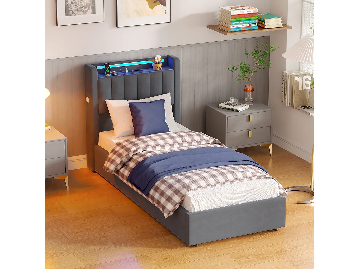 Lit coffre enfant 90 x 200cm avec prise et LED -Velours hollandais gris