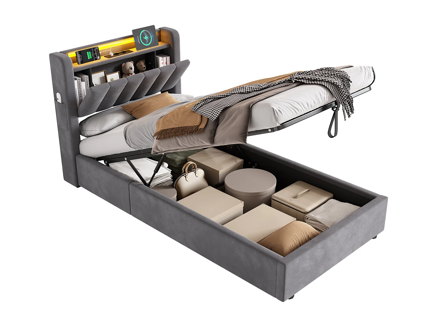 Lit coffre enfant 90 x 200cm avec prise et LED -Velours hollandais gris