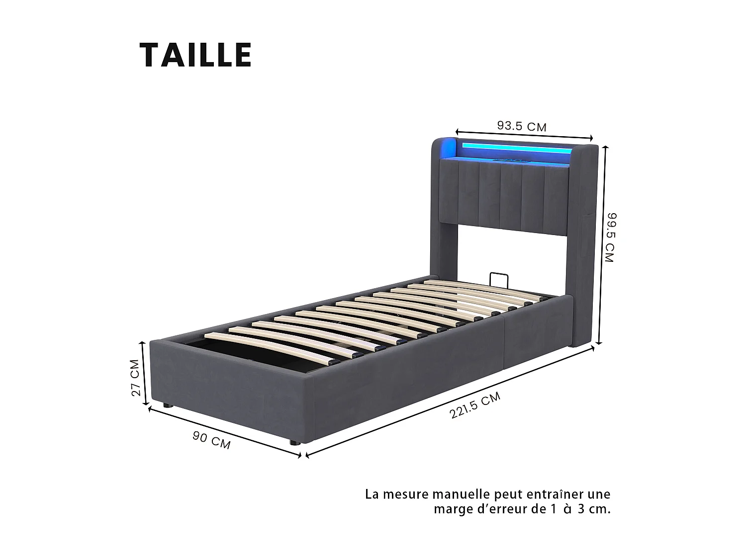Lit coffre enfant 90 x 200cm avec prise et LED -Velours hollandais gris