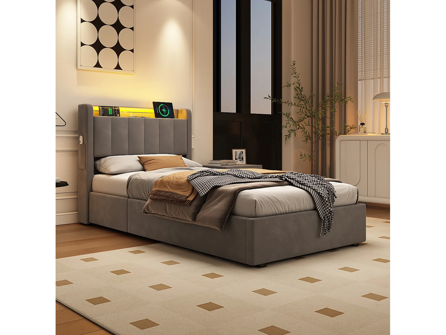 Lit coffre enfant 90 x 200cm avec prise et LED -Velours hollandais gris