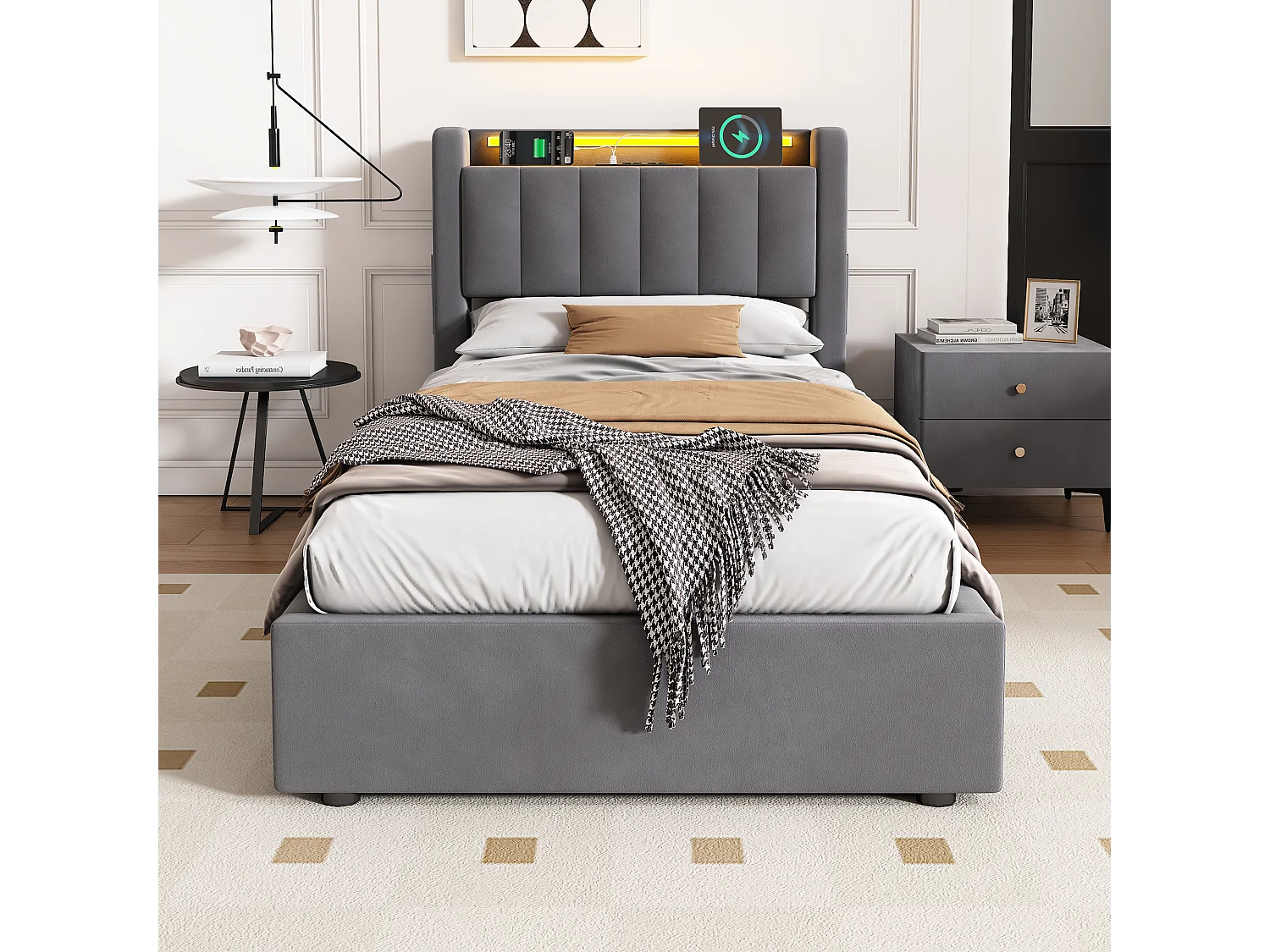 Lit coffre enfant 90 x 200cm avec prise et LED -Velours hollandais gris