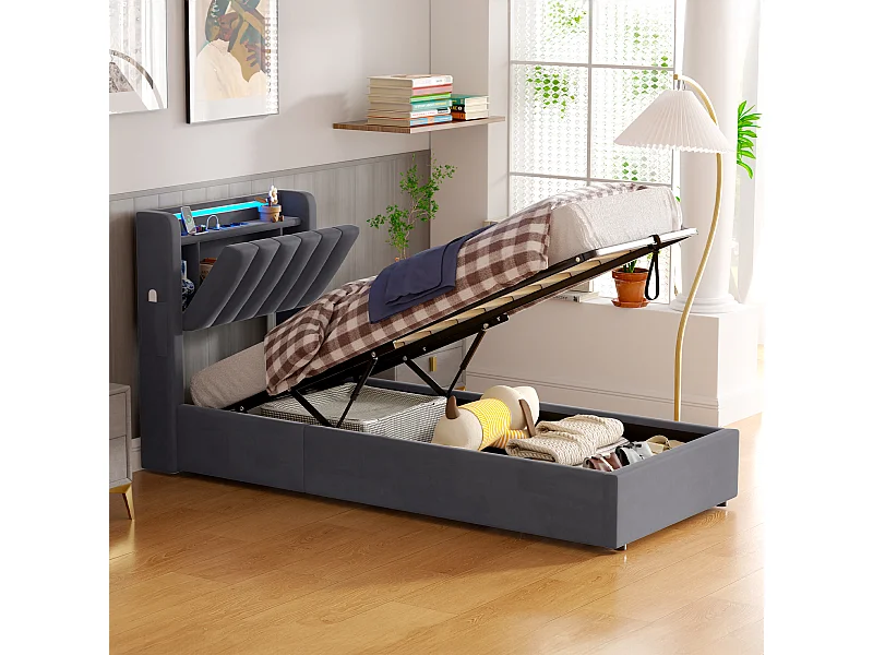 Lit coffre enfant 90 x 200cm avec prise et LED -Velours hollandais gris