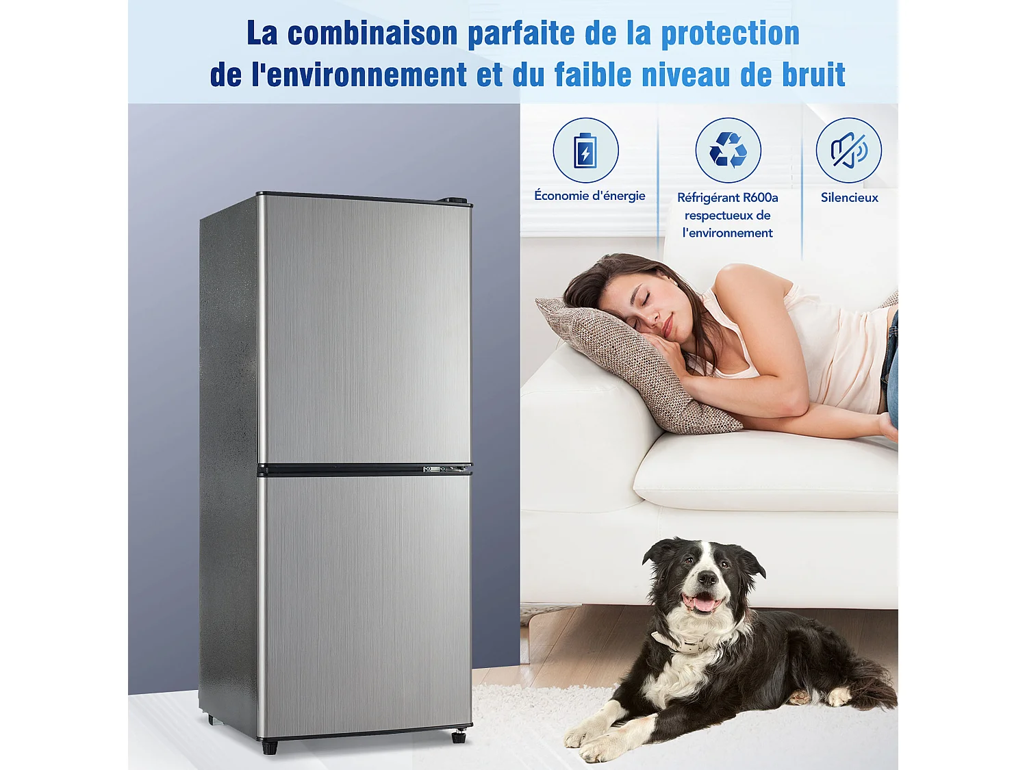 Réfrigérateur de 106 L avec 7 réglages de température et LED - Argenté