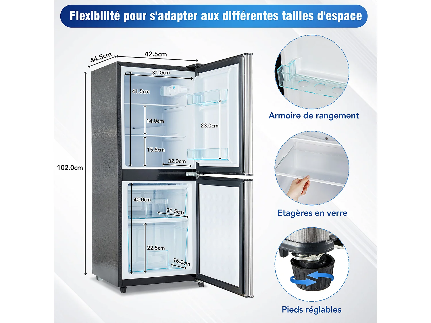 Réfrigérateur de 106 L avec 7 réglages de température et LED - Argenté