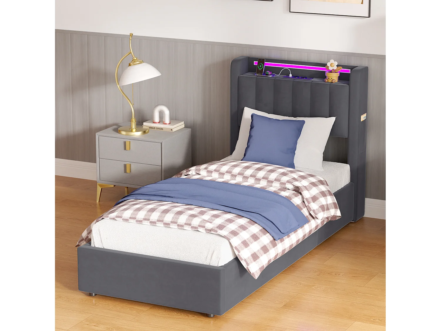 Lit coffre enfant 90x190cm avec prise et LED -Velours hollandais gris