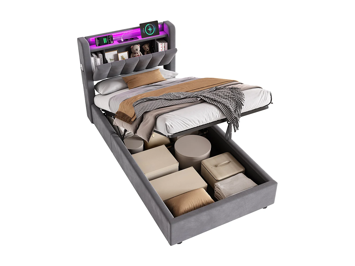 Lit coffre enfant 90x190cm avec prise et LED -Velours hollandais gris