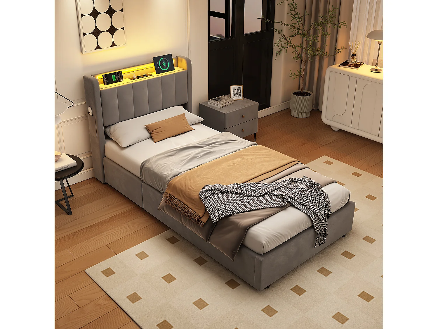 Lit coffre enfant 90x190cm avec prise et LED -Velours hollandais gris