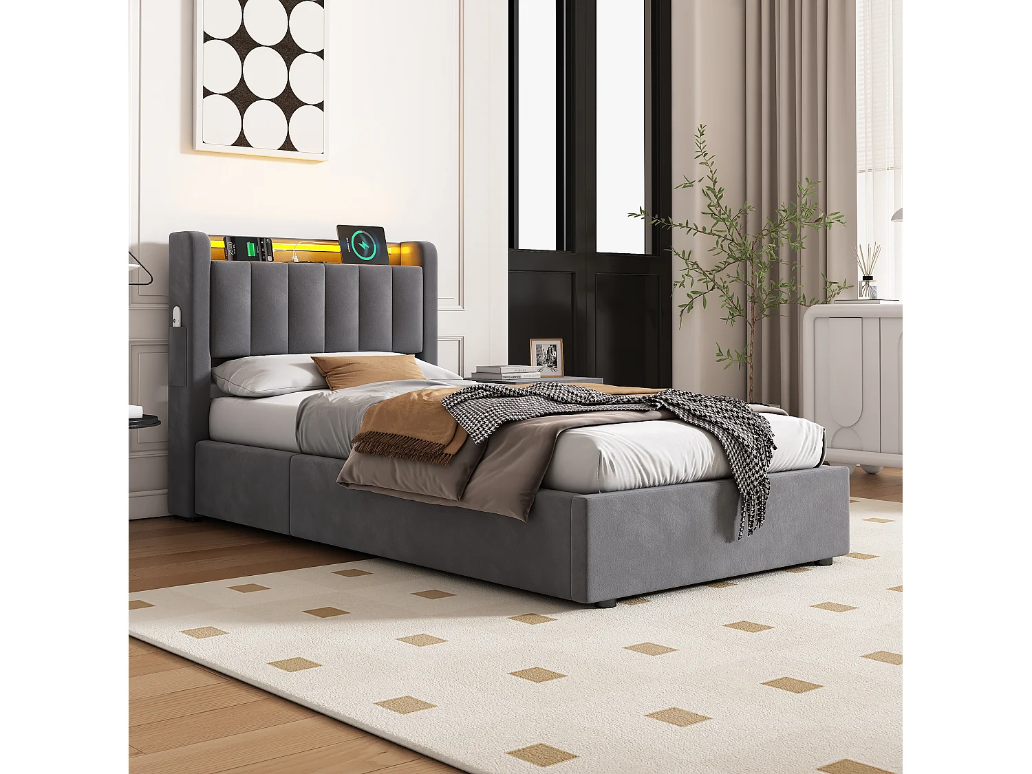 Lit coffre enfant 90x190cm avec prise et LED -Velours hollandais gris