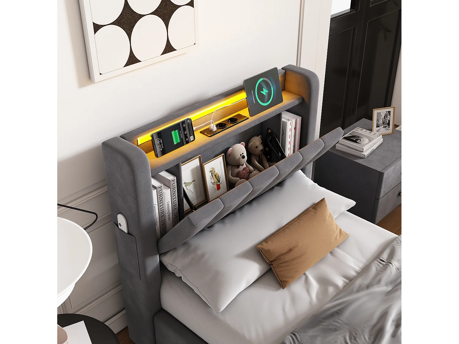 Lit coffre enfant 90x190cm avec prise et LED -Velours hollandais gris