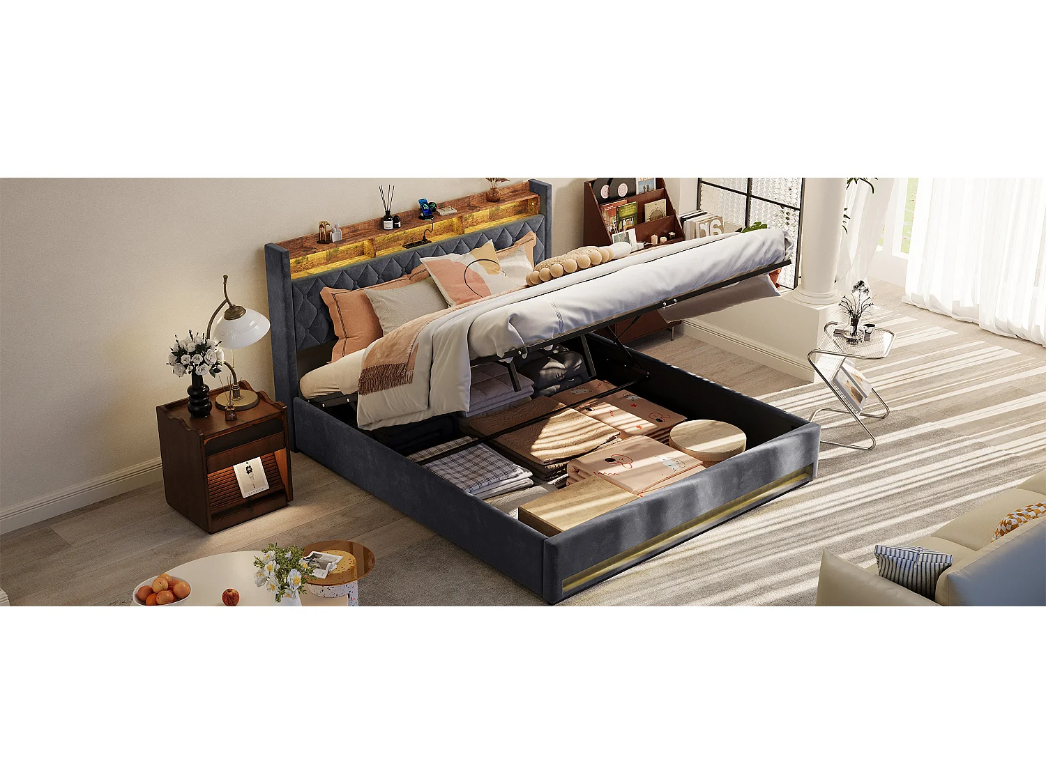 Lit coffre adulte 180x200cm avec prise et LED - Lit double en velours hollandais - Gris