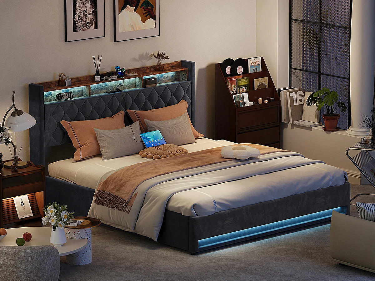 Lit coffre adulte 180x200cm avec prise et LED - Lit double en velours hollandais - Gris