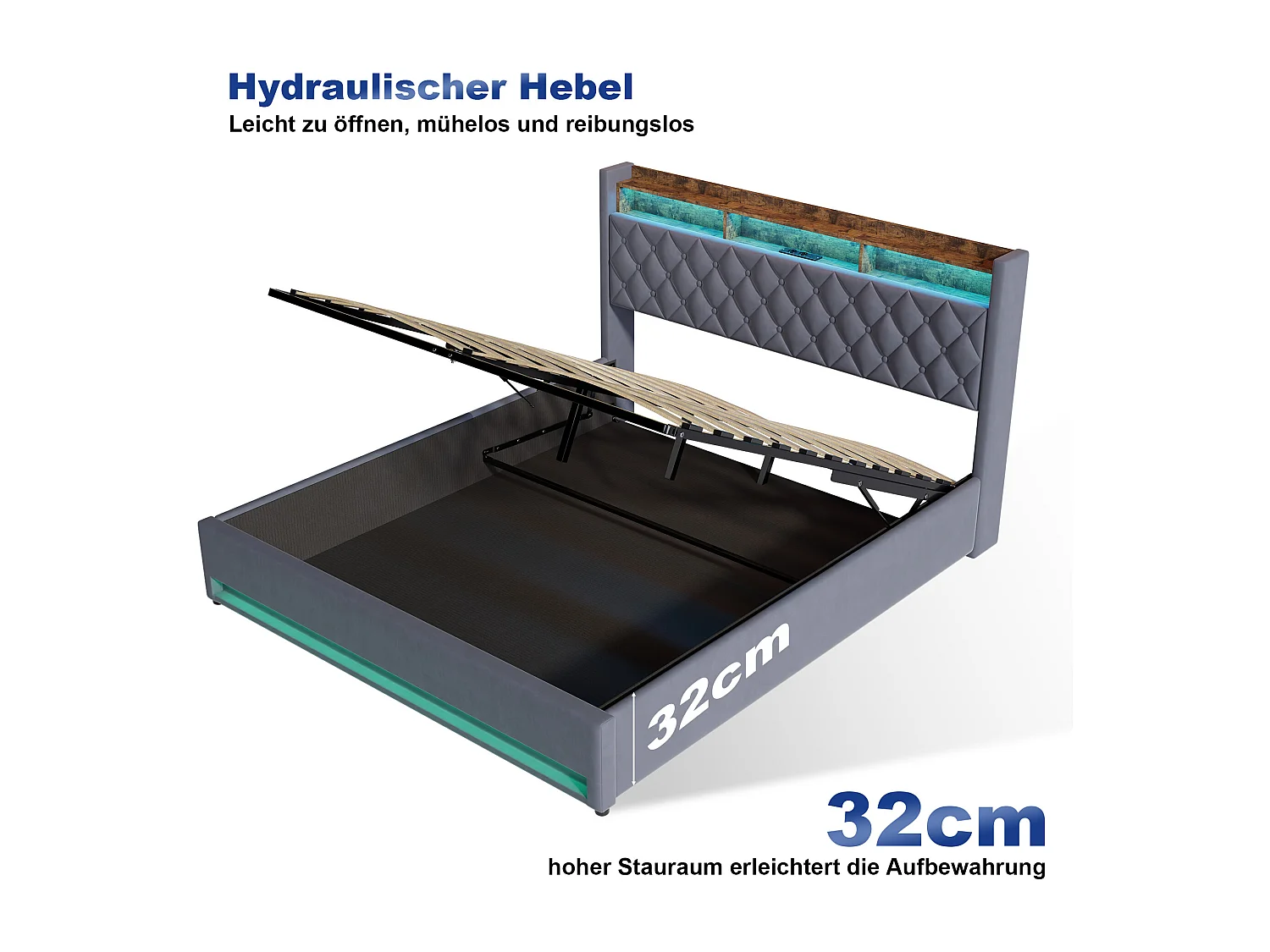 Lit coffre adulte 180x200cm avec prise et LED - Lit double en velours hollandais - Gris