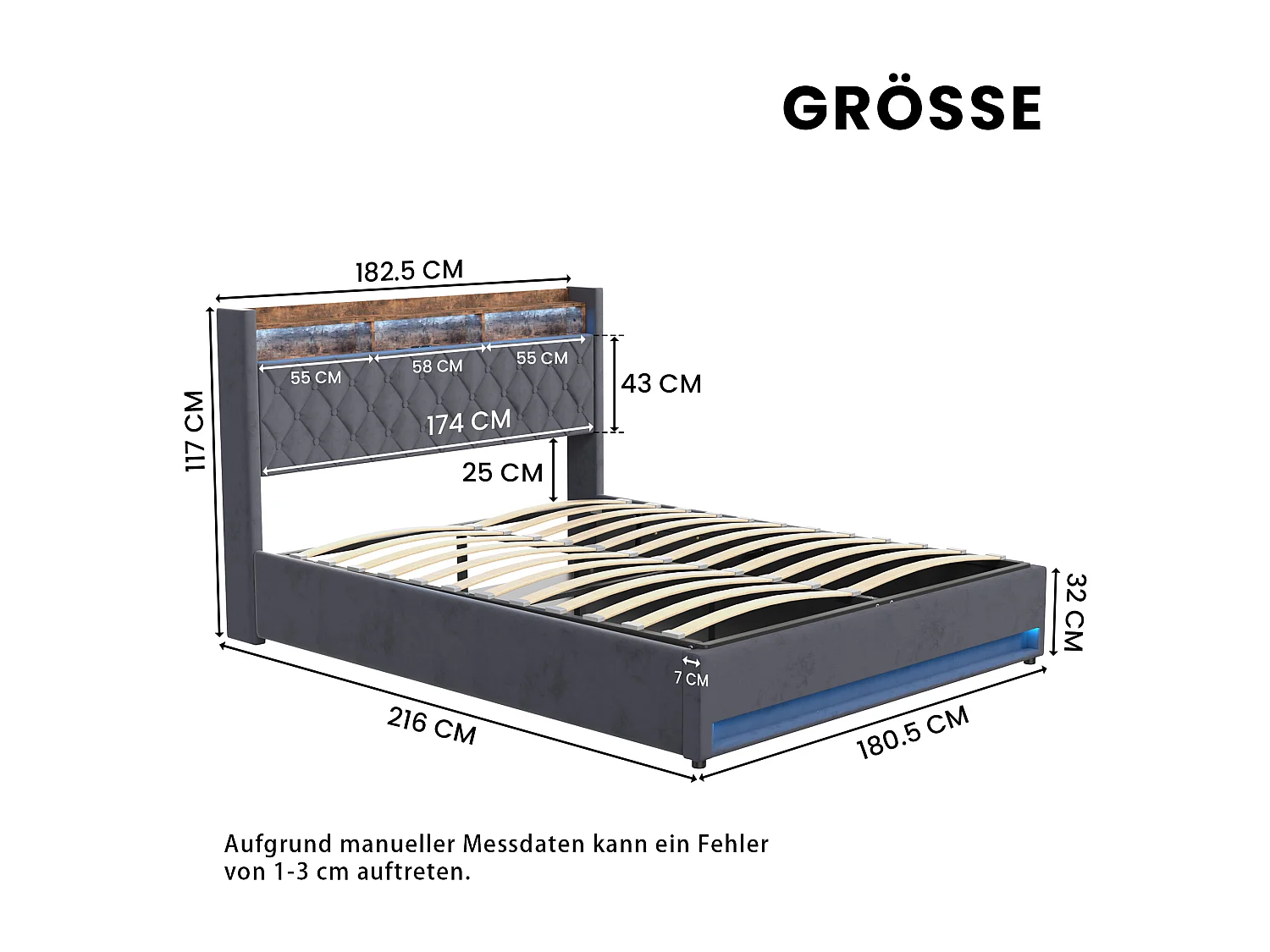 Lit coffre adulte 180x200cm avec prise et LED - Lit double en velours hollandais - Gris