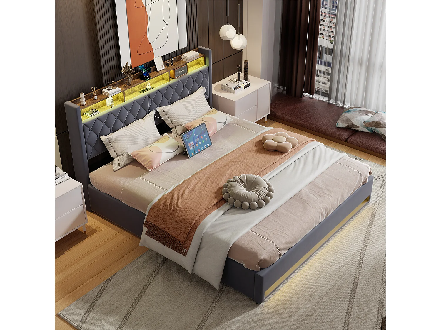 Lit coffre adulte 180x200cm avec prise et LED - Lit double en velours hollandais - Gris