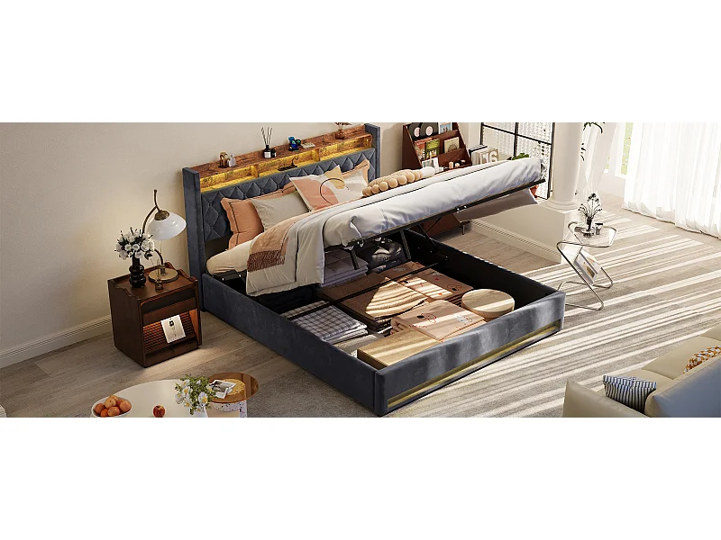 Lit coffre adulte 180x200cm avec prise et LED - Lit double en velours hollandais - Gris