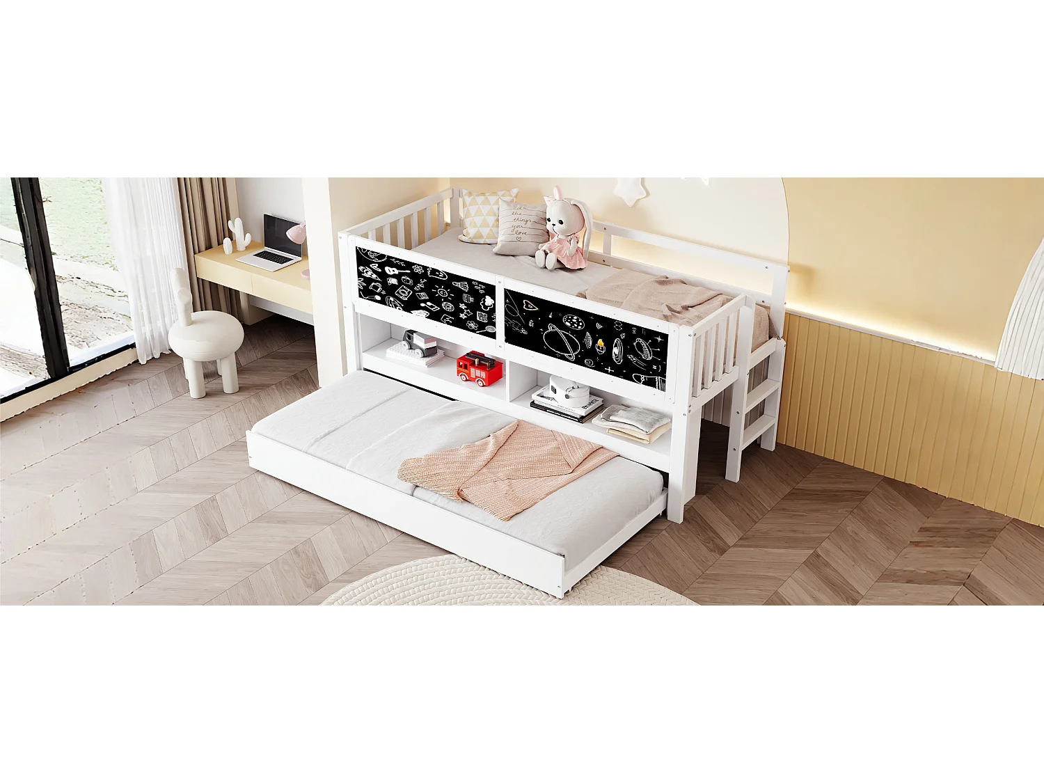 Letto per bambini a mezza altezza 90x200cm con letto estraibile 90x190cm - Contenitore e lavagna - Bianco