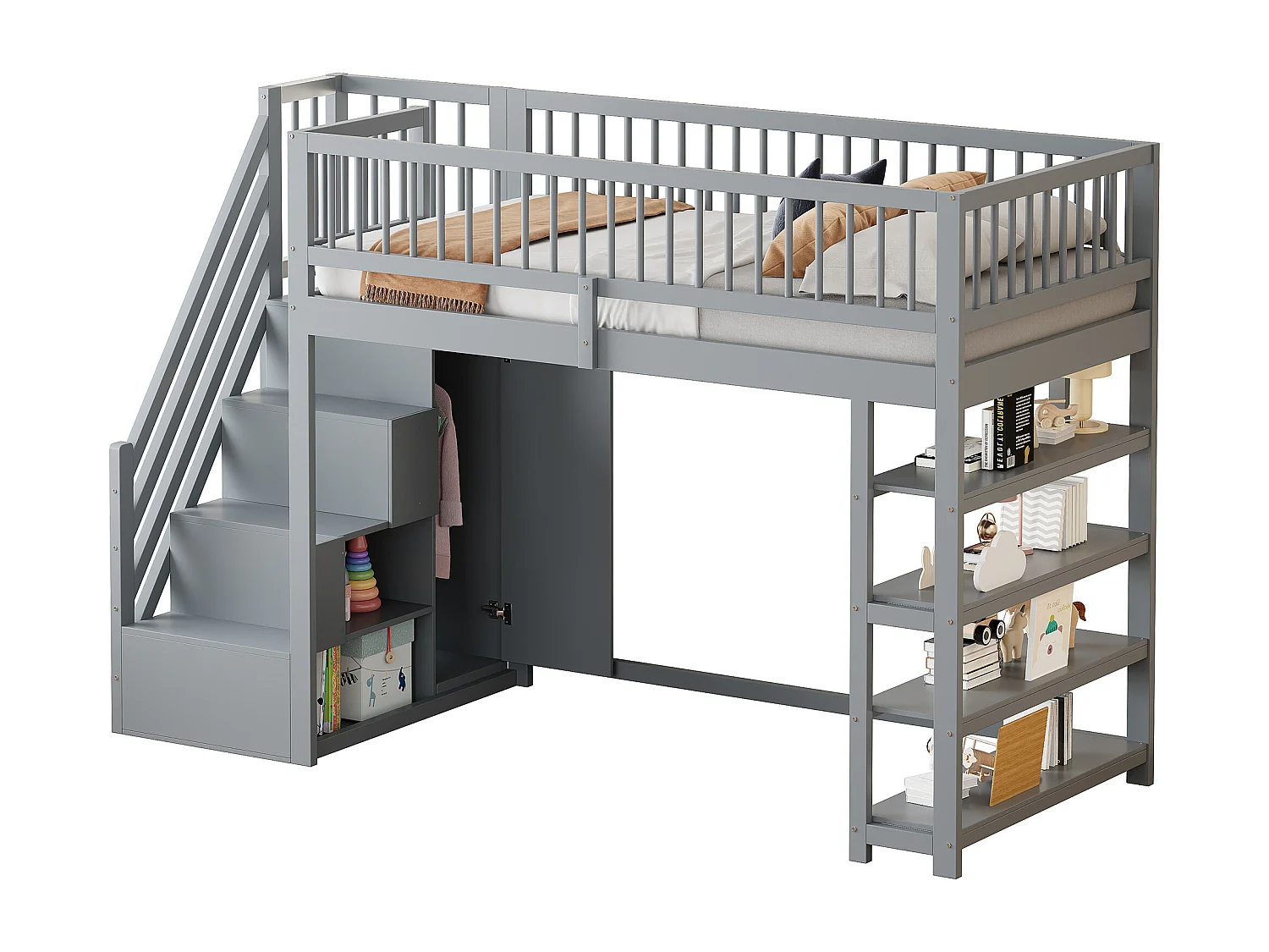 Cama alta 90 x 200 cm con armario y almacenaje - Madera de pino y MDF - Gris