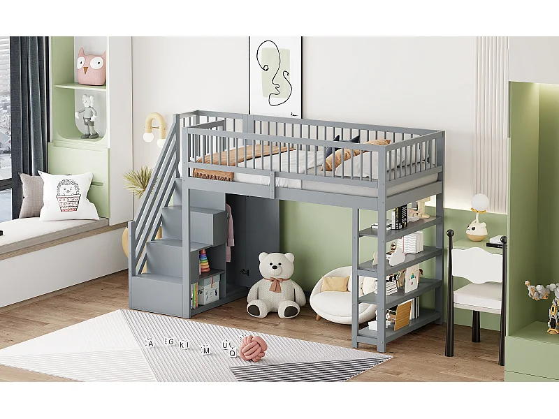 Cama alta 90 x 200 cm con armario y almacenaje - Madera de pino y MDF - Gris