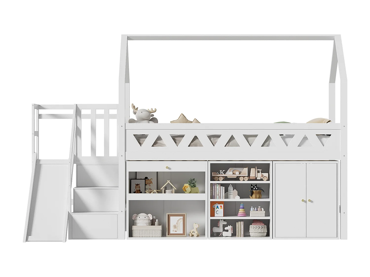 Letto a soppalco 90x200cm con scivolo e contenitore - Letto a soppalco in legno MDF - Bianco