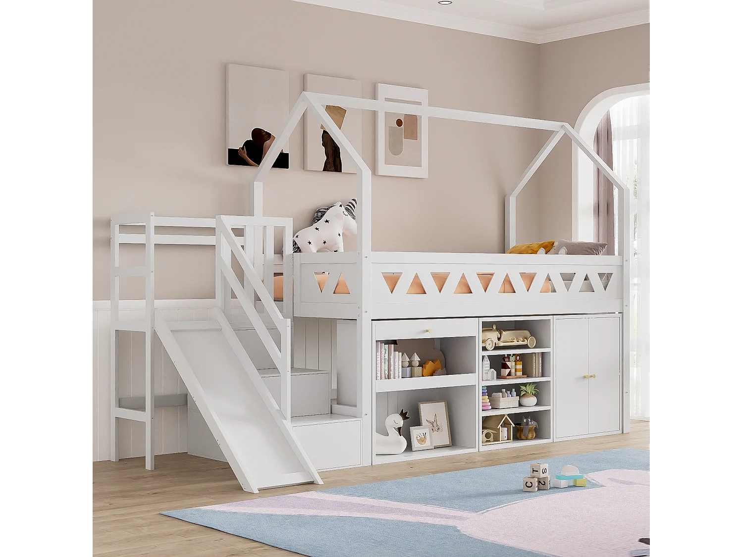 Lit mi - hauteur 90x200cm avec toboggan et rangement - Lit cabane en bois MDF - Blanc