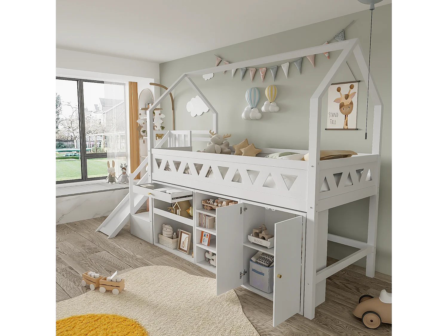Lit mi - hauteur 90x200cm avec toboggan et rangement - Lit cabane en bois MDF - Blanc