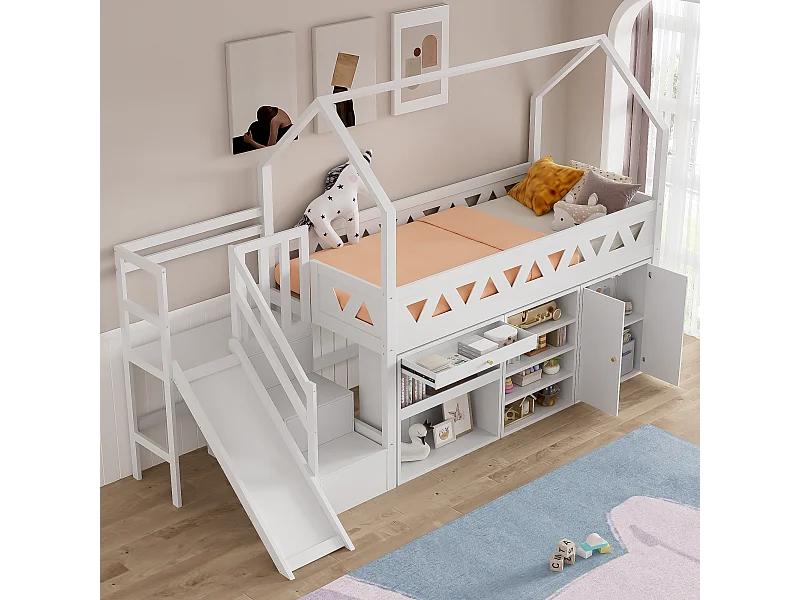 Lit mi - hauteur 90x200cm avec toboggan et rangement - Lit cabane en bois MDF - Blanc