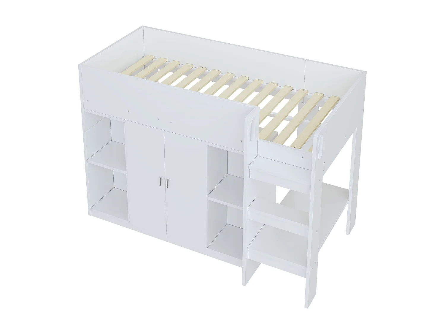 Letto a mezza altezza 90x200cm con armadio e ripiani - Bianco