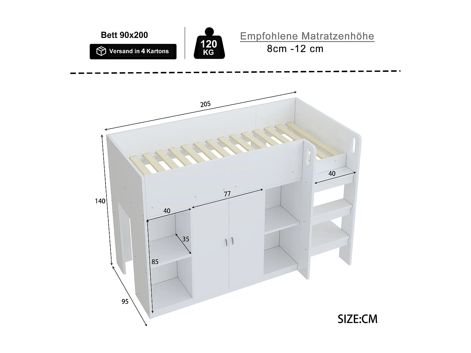 Letto a mezza altezza 90x200cm con armadio e ripiani - Bianco