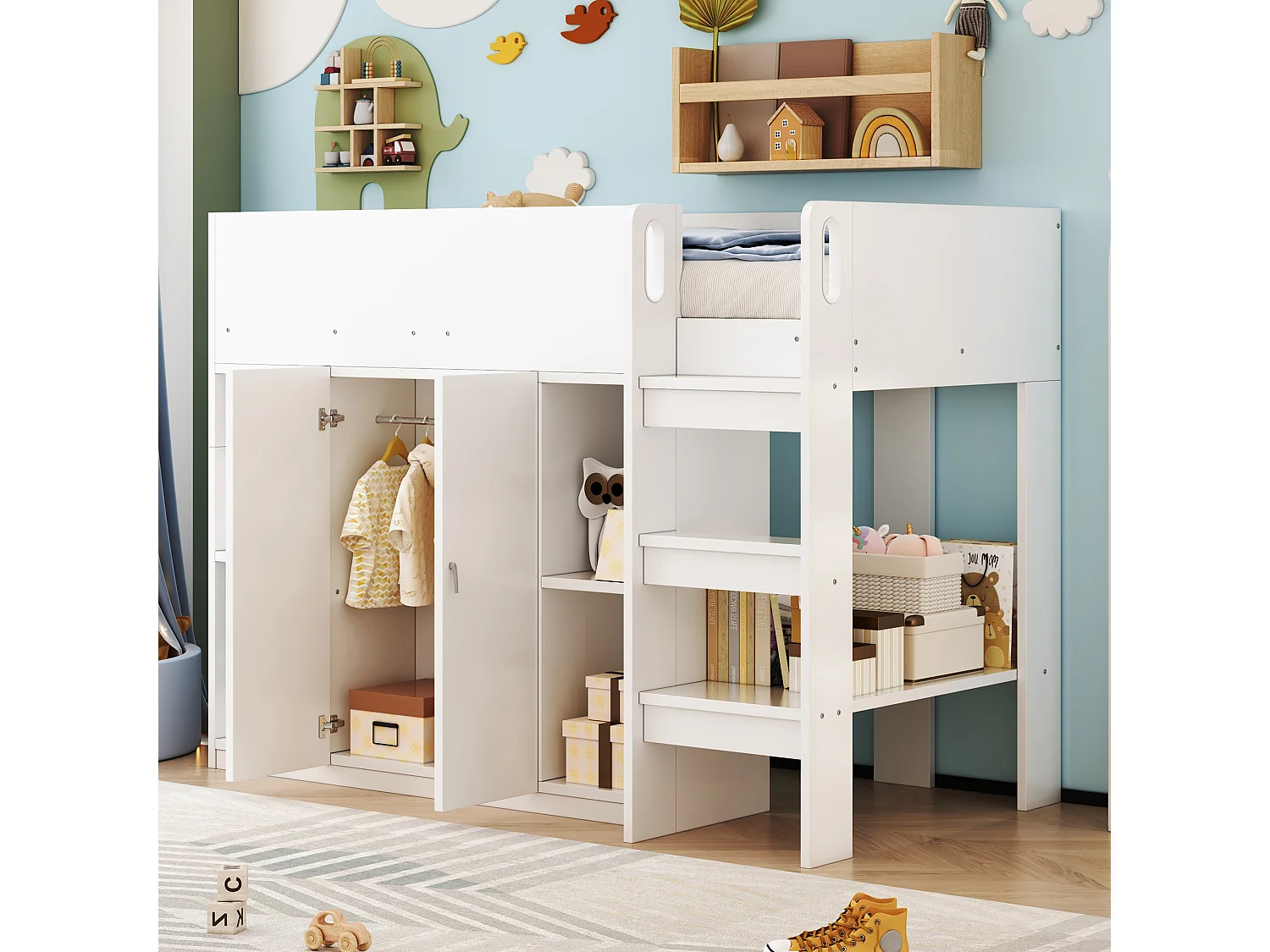 Letto a mezza altezza 90x200cm con armadio e ripiani - Bianco