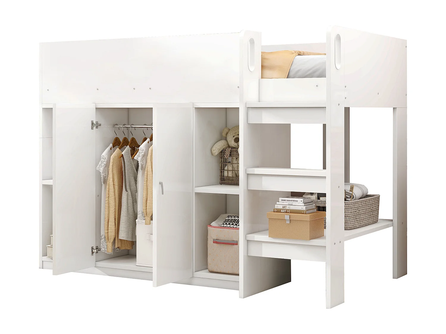 Letto a mezza altezza 90x200cm con armadio e ripiani - Bianco