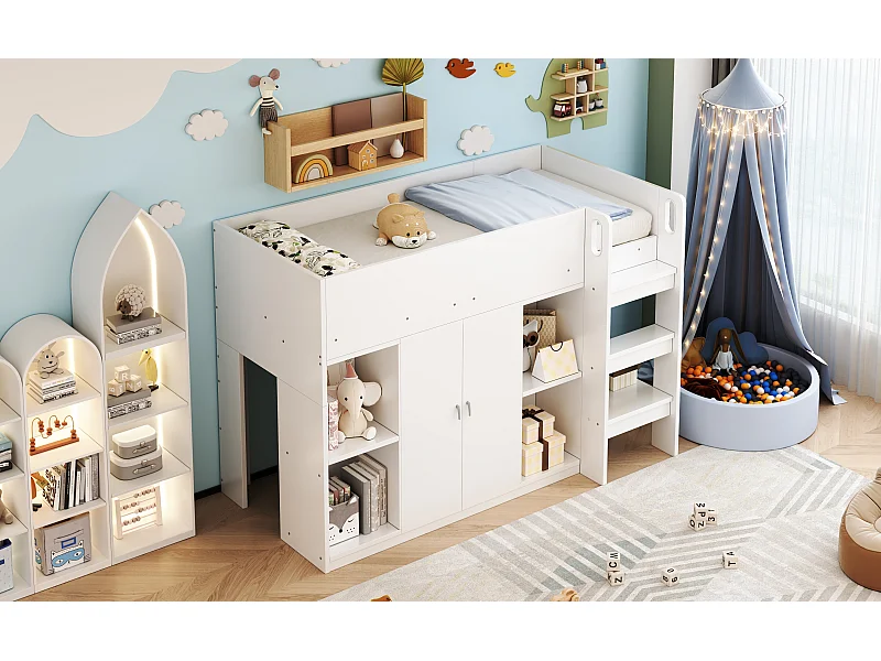 Cama de media altura 90x200cm con armario y estantes - Blanco