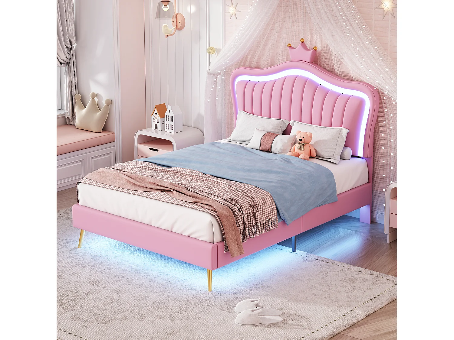 Lit princesse 90x200cm en PU rose - Tête de lit réglable et LED -Sans matelas