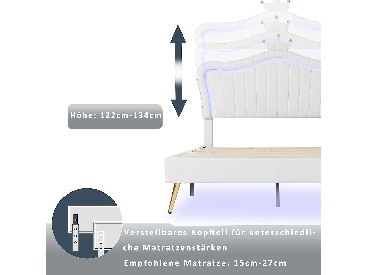 Lit princesse 90x200cm en PU blanc - Tête de lit réglable et LED -Sans matelas