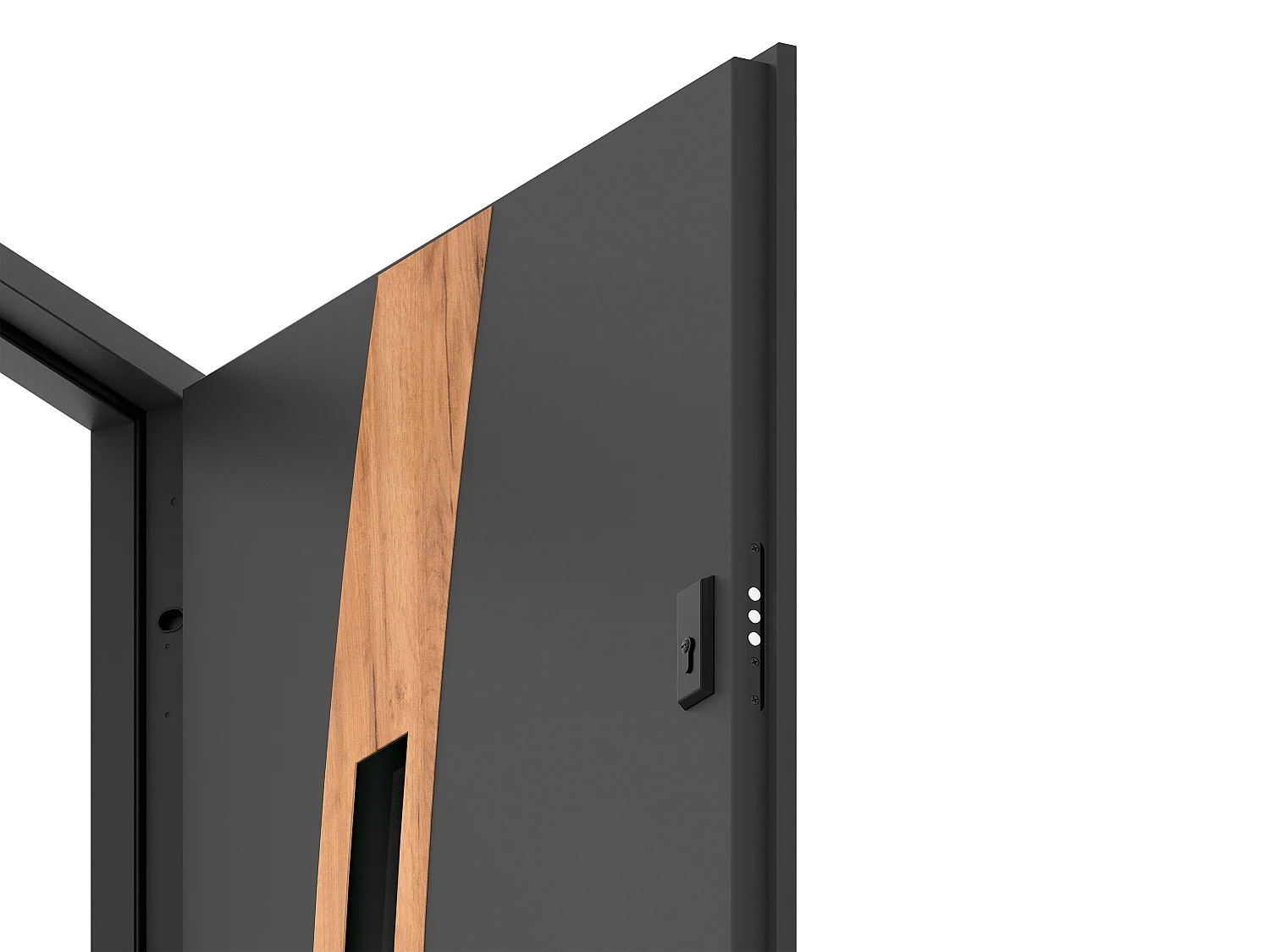 Glazed steel front door with stainless steel inlay H207 x W100 cm - smoked glass - anthracite and oak effect - thickness 55 mm - left push - TROFA
