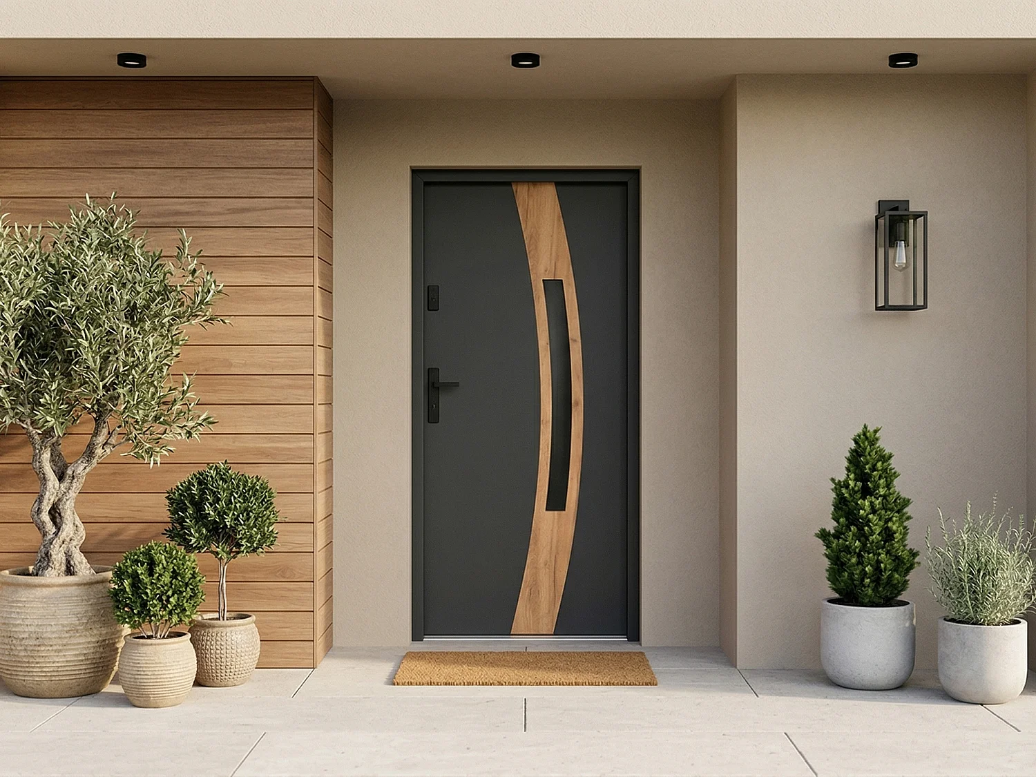 Porta de entrada em aço envidraçado com inox A.207 x L.100 cm - vidro fumado - antracite e efeito carvalho - espessura 55 mm - abertura direita - TROFA